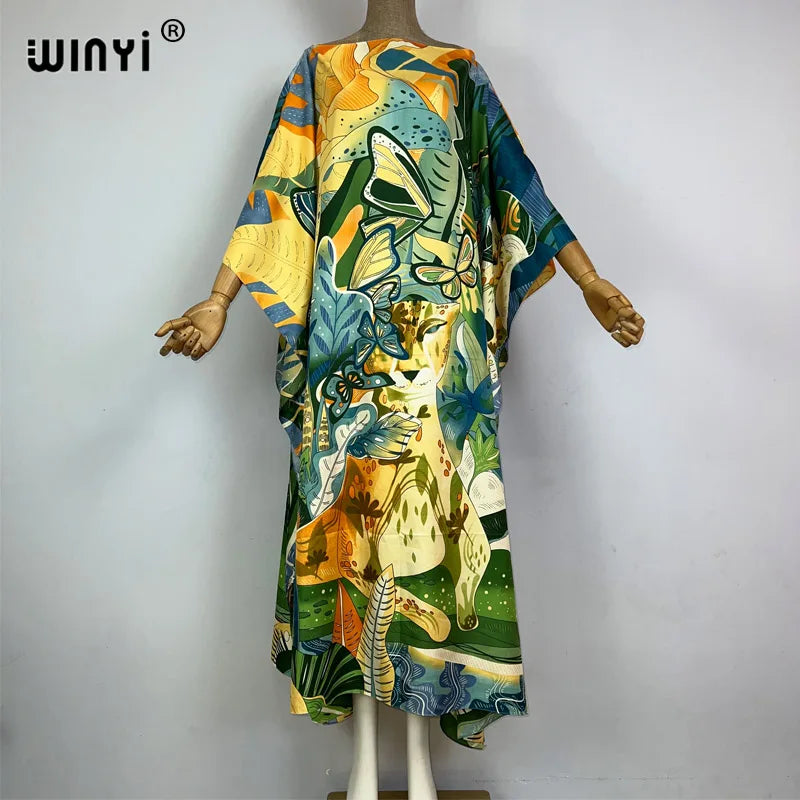WINYI 2023 new Africa Fashion boho Popular printed twill Kaftan Maxi dress Summer Beach Bohemian Caftan long dress for lady