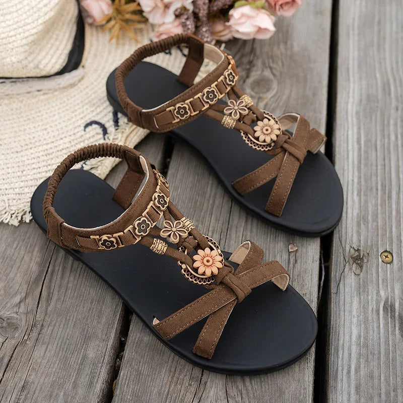 Flower Beaded Bohemian Sandals for Women Summer 2025 Roman Style Comfortable Flat Sandals Woman Lightweight Non Slip Beach Shoes