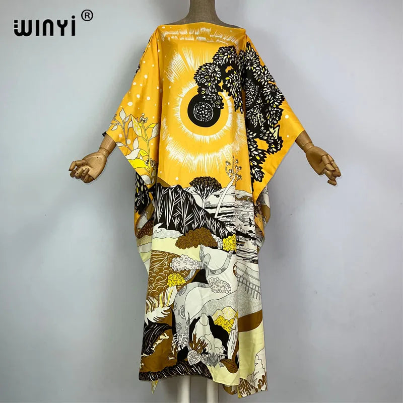 WINYI 2023 new Africa Fashion boho Popular printed twill Kaftan Maxi dress Summer Beach Bohemian Caftan long dress for lady