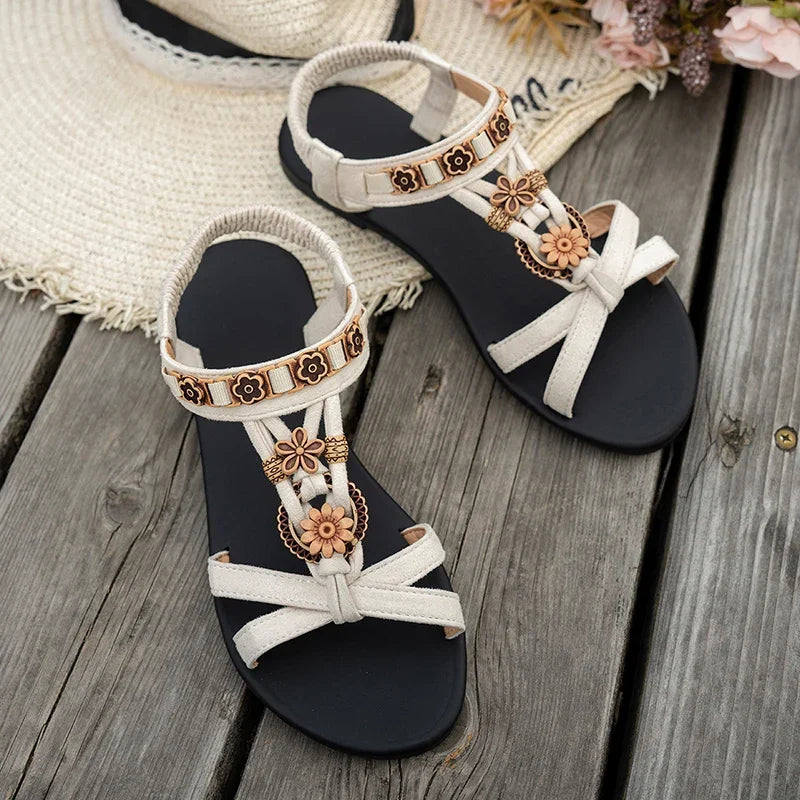 Flower Beaded Bohemian Sandals for Women Summer 2025 Roman Style Comfortable Flat Sandals Woman Lightweight Non Slip Beach Shoes