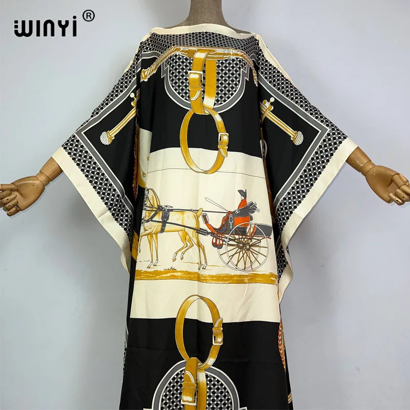 WINYI 2023 new Africa Fashion boho Popular printed twill Kaftan Maxi dress Summer Beach Bohemian Caftan long dress for lady