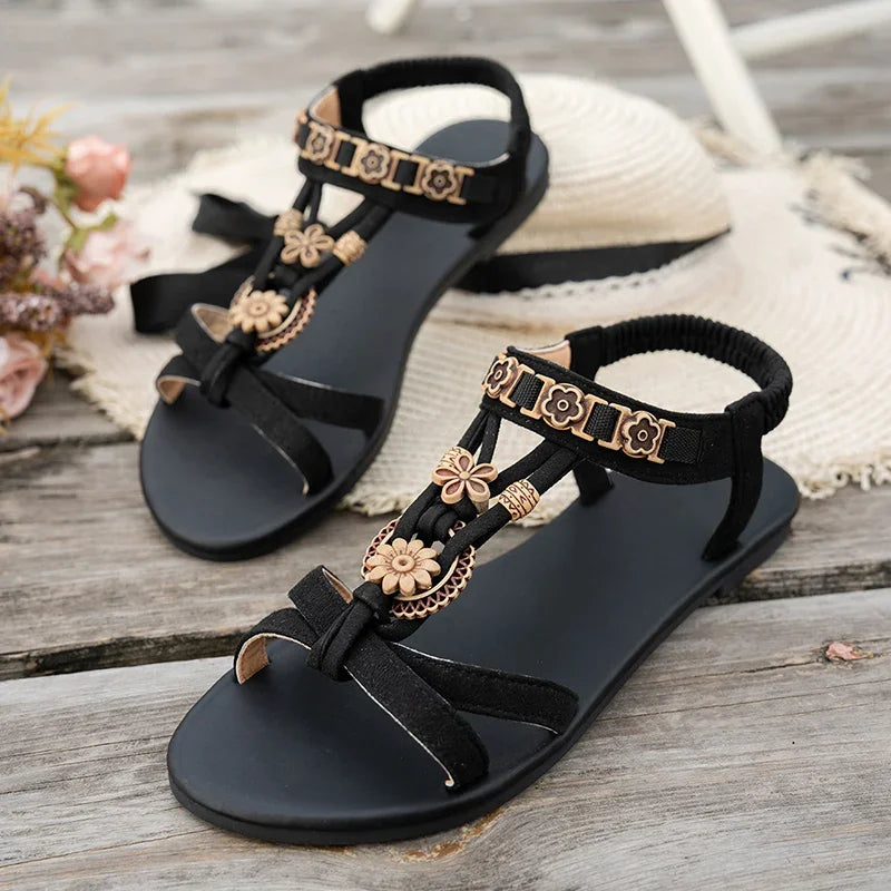 Flower Beaded Bohemian Sandals for Women Summer 2025 Roman Style Comfortable Flat Sandals Woman Lightweight Non Slip Beach Shoes
