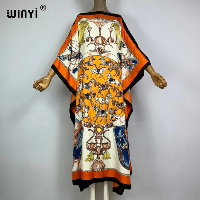 WINYI 2023 new Africa Fashion boho Popular printed twill Kaftan Maxi dress Summer Beach Bohemian Caftan long dress for lady
