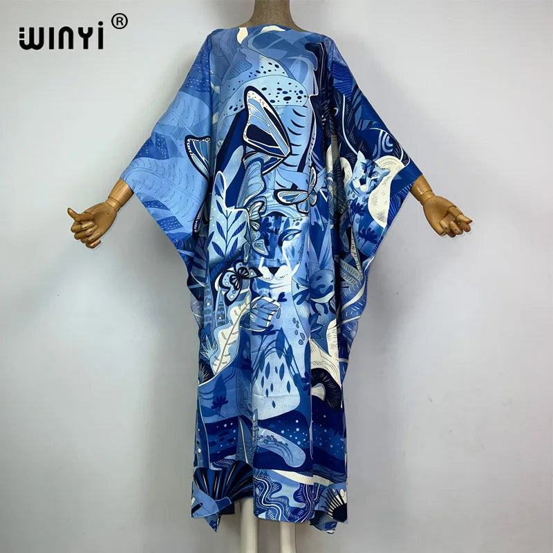 WINYI 2023 new Africa Fashion boho Popular printed twill Kaftan Maxi dress Summer Beach Bohemian Caftan long dress for lady