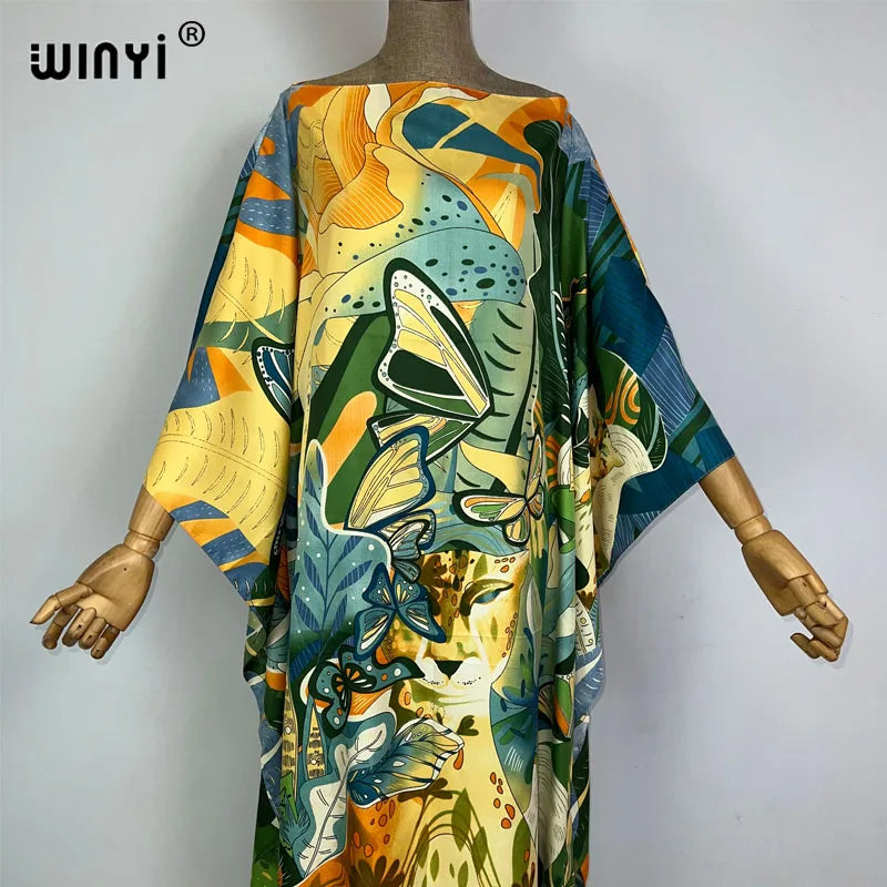 WINYI 2023 new Africa Fashion boho Popular printed twill Kaftan Maxi dress Summer Beach Bohemian Caftan long dress for lady