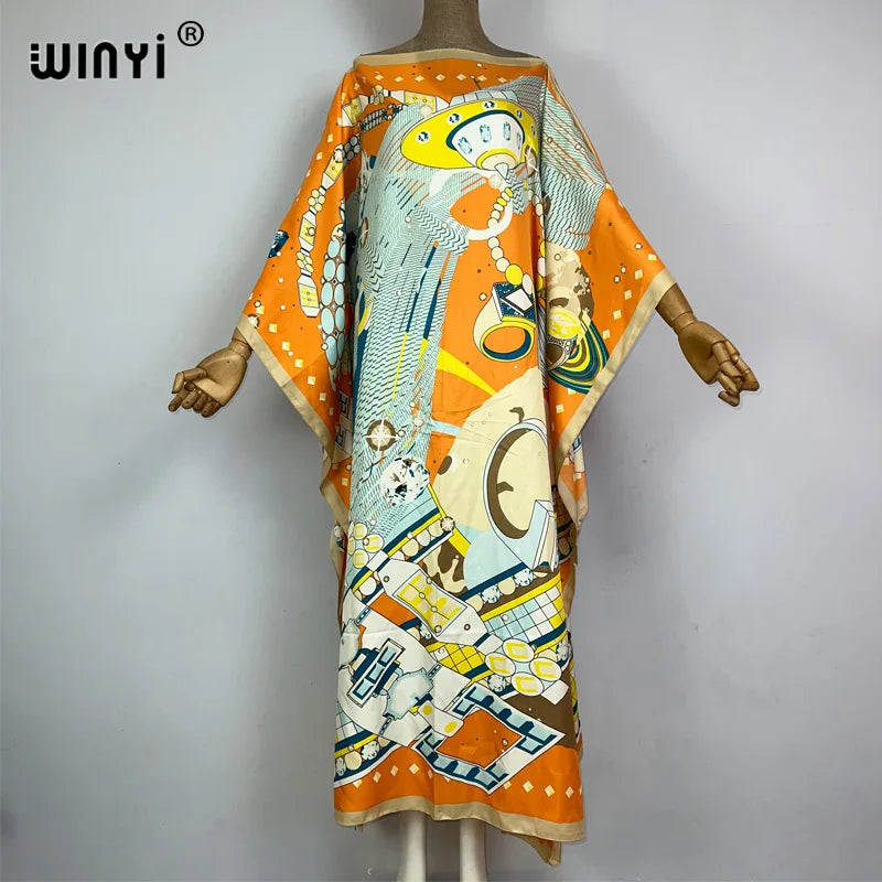 WINYI 2023 new Africa Fashion boho Popular printed twill Kaftan Maxi dress Summer Beach Bohemian Caftan long dress for lady