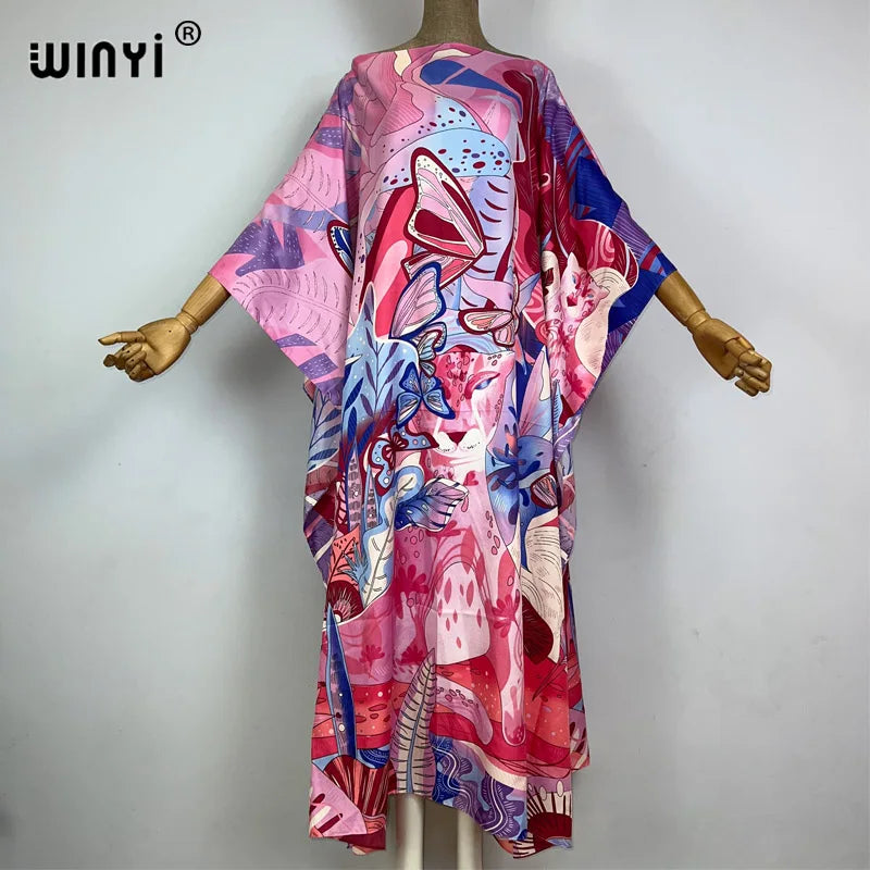 WINYI 2023 new Africa Fashion boho Popular printed twill Kaftan Maxi dress Summer Beach Bohemian Caftan long dress for lady