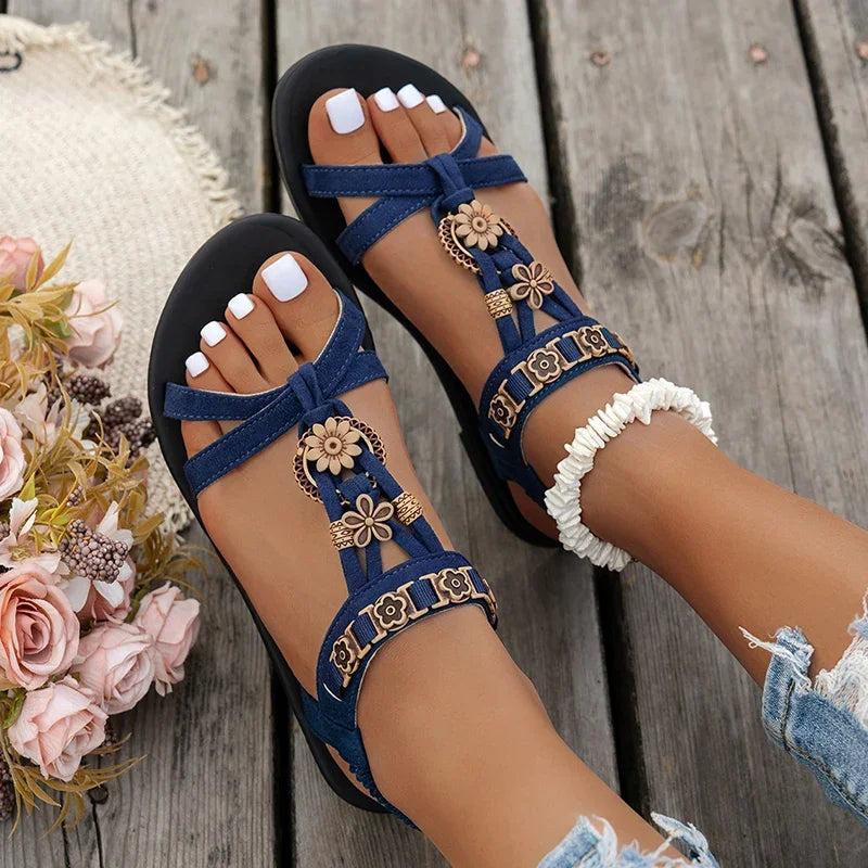 Flower Beaded Bohemian Sandals for Women Summer 2025 Roman Style Comfortable Flat Sandals Woman Lightweight Non Slip Beach Shoes