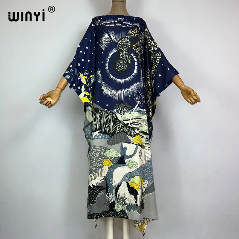 WINYI 2023 new Africa Fashion boho Popular printed twill Kaftan Maxi dress Summer Beach Bohemian Caftan long dress for lady