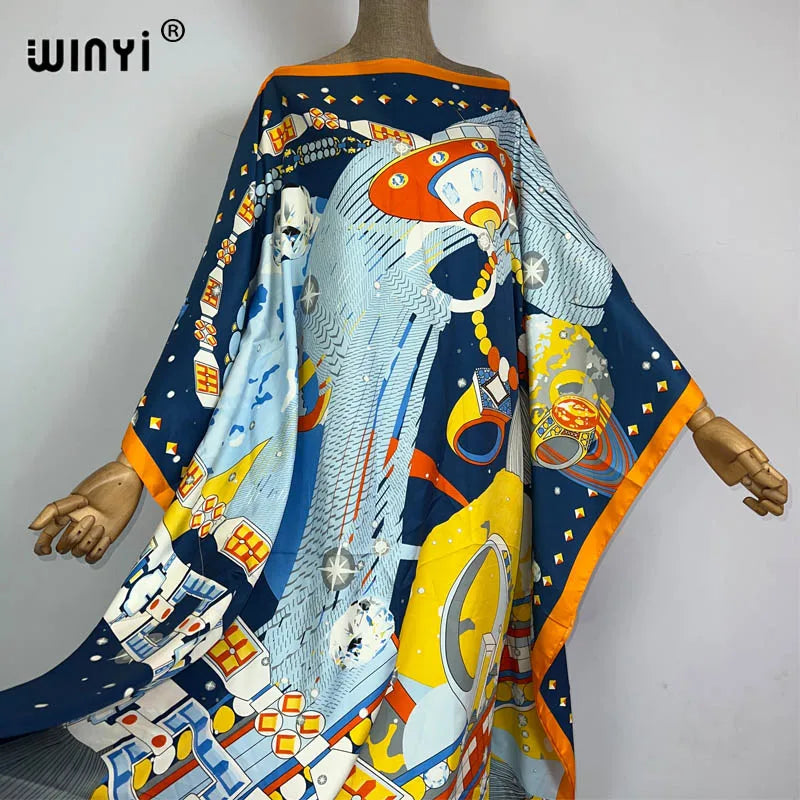 WINYI 2023 new Africa Fashion boho Popular printed twill Kaftan Maxi dress Summer Beach Bohemian Caftan long dress for lady