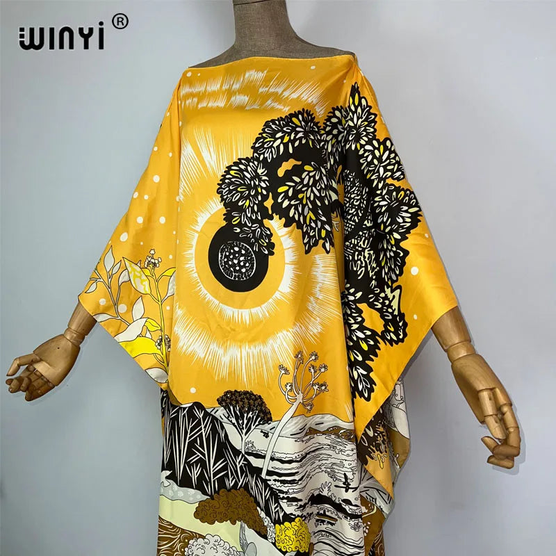 WINYI 2023 new Africa Fashion boho Popular printed twill Kaftan Maxi dress Summer Beach Bohemian Caftan long dress for lady