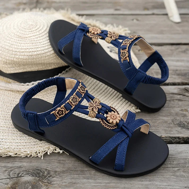 Flower Beaded Bohemian Sandals for Women Summer 2025 Roman Style Comfortable Flat Sandals Woman Lightweight Non Slip Beach Shoes