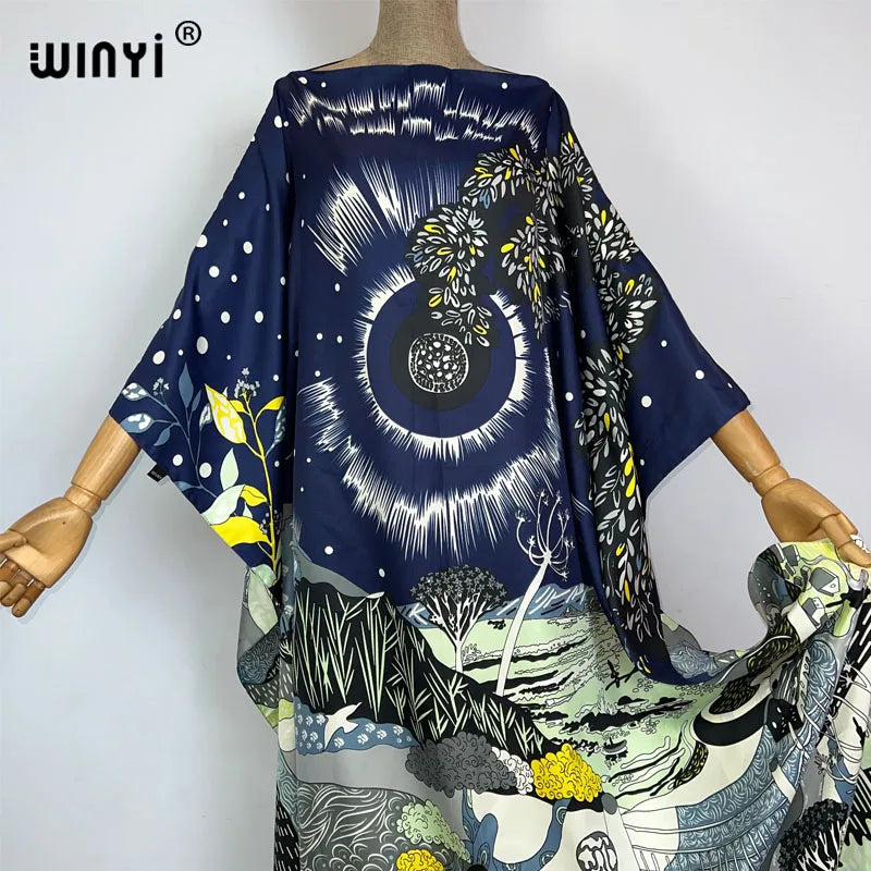 WINYI 2023 new Africa Fashion boho Popular printed twill Kaftan Maxi dress Summer Beach Bohemian Caftan long dress for lady